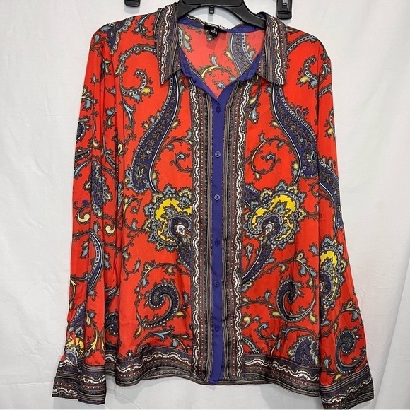 Nicole miller paisley print button down blouse size large orange purple - Picture 1 of 8